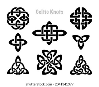 Celtic knots silhouettes. Irish knot symbols, celt three trintiy endless knotted shape vector icon, infinite spirit unity symbol, paganscircle tribal symbolism graphics isolated on white