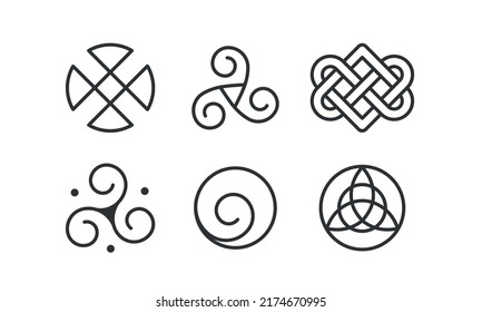 Celtic knots used for decoration or tattoos. Sacred Endless knot line icon set. Vector on white background