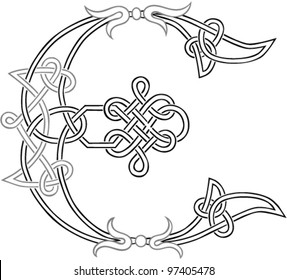A Celtic Knot-work Capital Letter E Stylized Outline. Vector Version.