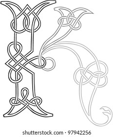 A Celtic Knot-work Capital Letter K Stylized Outline. Vector Version.