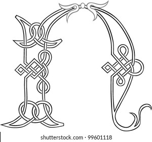 A Celtic Knot-work Capital Letter N Stylized Outline. Vector version.
