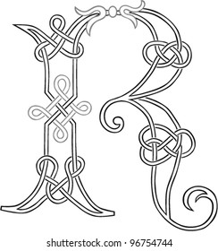 A Celtic Knot-work Capital Letter R Stylized Outline. Vector Version.