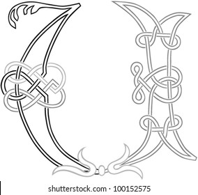 A Celtic Knot-work Capital Letter U Stylized Outline. Vector Version.