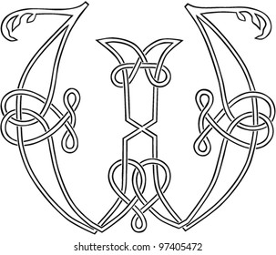 A Celtic Knot-work Capital Letter W Stylized Outline. Vector Version.