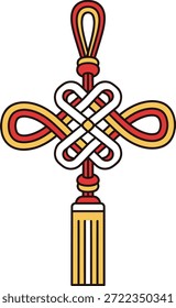 Cruz de nudo celta con cintas rojas y amarillas entrelazadas, fondo blanco, que simboliza la fe y la espiritualidad.