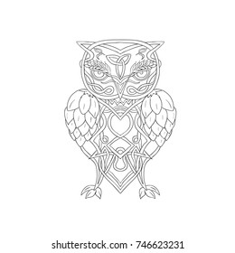 Celtic Knotwork illustration of a stylized owl with barley above eye and hops for wings viewed from front on isolated background.