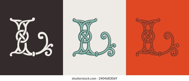 Celtic L Monogramme Set. Insellöser Stil mit authentischen Knoten und miteinander verflochtenen Akkorden. Briten, Iren oder Sachsen überschneiden sich das Monogramm. Mittelalterliche Tätowierung, St. Patrick Day Logo und Sportbekleidung.