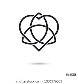 Celtic love knot, intertwined heart shape and triquetra symbol endless ribbons vector illustration