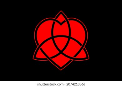 Celtic love knot, intertwined heart shape and Triquetra, Everlasting Love symbol knot. Red Logo icon Valentines concept, vector tattoo isolated on black background 