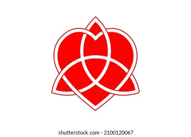 nudo celta de amor, forma de corazón entrelazado y triquetra, nudo símbolo de amor eterno. Icono del logotipo rojo Concepto de San Valentín, tatuaje vectorial aislado en fondo blanco 