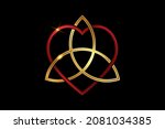 Celtic love knot, intertwined red heart shape and golden Triquetra, Everlasting Love symbol knot. Logo icon Valentines day concept, gold vector tattoo isolated on black background 