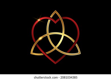 Celtic love knot, intertwined red heart shape and golden Triquetra, Everlasting Love symbol knot. Logo icon Valentines day concept, gold vector tattoo isolated on black background 