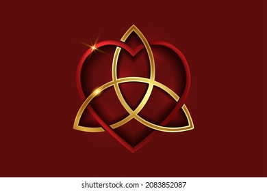 Celtic love knot, intertwined red heart shape and golden Triquetra, Everlasting Love symbol knot. Logo icon Valentines day concept, gold vector tattoo isolated on red background 