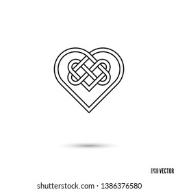 Celtic lovers knot, intertwined heart shaped infinite ribbon outline symbol vector illustration