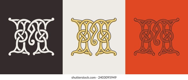 Celtic M Monogramme Set. Insellöser Stil mit authentischen Knoten und miteinander verflochtenen Akkorden. Briten, Iren oder Sachsen überschneiden sich das Monogramm. Mittelalterliche Tätowierung, St. Patrick Day Logo und Sportbekleidung.