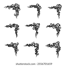 Celtic or Maori tribal tattoo with Polynesian or Hawaiian pattern ornament, vector art design. Abstract tribal tattoo set of intricate sharp thorn line in Maori or Celtic tribal design or modern style