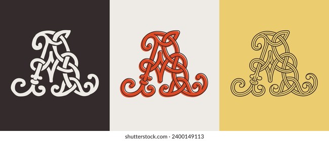 Celtic A monograms set. Insular style initial with authentic knots and interwoven cords. British, Irish, or Saxons overlapping monogram. Medieval font for tattoo, St. Patrick day logo, and sportswear.