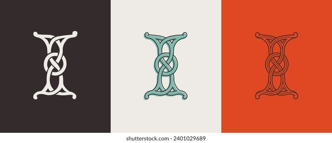 Celtic I monograms set. Insular style initial with authentic knots and interwoven cords. British, Irish, or Saxons overlapping monogram. Medieval font for tattoo, St. Patrick day logo, and sportswear.