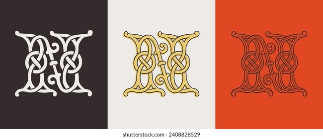 Celtic N monograms set. Insular style initial with authentic knots and interwoven cords. British, Irish, or Saxons overlapping monogram. Medieval font for tattoo, St. Patrick day logo, and sportswear.