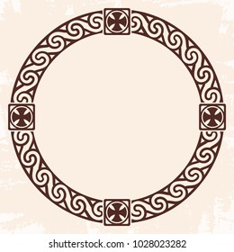 Celtic national circle ornament as interlaced ribbon with crosses. Old beige background with the aging effect.