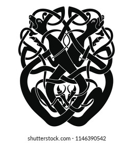 Celtic national drawing with weaving two dogs isolated on white background.