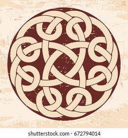Celtic national ornament interlaced tape. Brown pattern with the aging effect on a beige background.