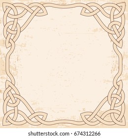 Celtic national ornament interlaced tape. Brown pattern with the aging effect on a beige background.