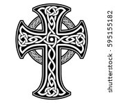 Celtic national ornament in the shape of a cross. Black ornament isolated on white background.