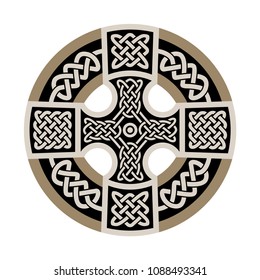 Celtic national ornament in the shape of a cross. White ornament on black background.