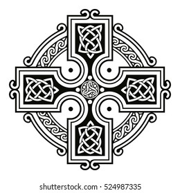 Celtic national ornament in the shape of a cross. Black ornament isolated on white background.