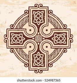 Celtic national ornament in the shape of a cross. Brown drawing with aging effect on a beige background.