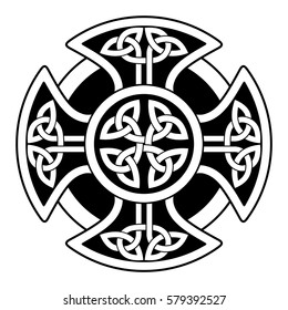 Celtic national ornament in the shape of a cross. Black ornament isolated on white background.