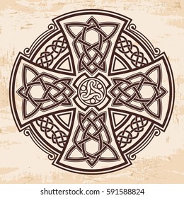 Celtic national ornament in the shape of a cross. Brown drawing with aging effect on a beige background.