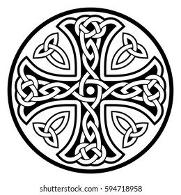 Celtic national ornament in the shape of a cross. Black ornament isolated on white background.