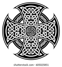 Celtic national ornament in the shape of a cross. Black ornament isolated on white background.