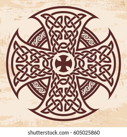 Celtic national ornament in the shape of a cross. Brown drawing with aging effect on a beige background.