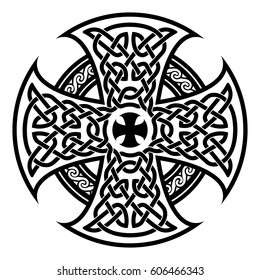 Celtic national ornament in the shape of a cross. Black ornament isolated on white background.