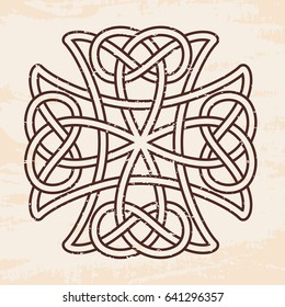 Celtic national ornament in the shape of a cross. Brown pattern on a beige background with the effect of aging.