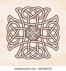 Celtic national ornament in the shape of a cross. Brown pattern on a beige background with the effect of aging.