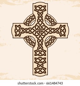 Celtic national ornament in the shape of a cross. Brown pattern on a beige background.