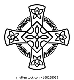 Celtic national ornament in the shape of a cross. Black ornament isolated on white background.