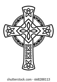 Celtic national ornament in the shape of a cross. Black ornament isolated on white background.