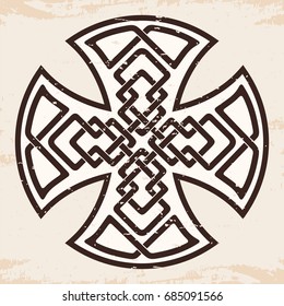Celtic national ornament in the shape of a cross. Brown pattern on a beige background.