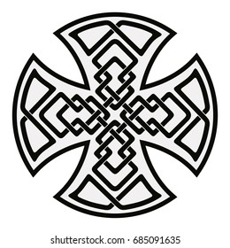 Celtic national ornament in the shape of a cross. Black ornament isolated on white background.
