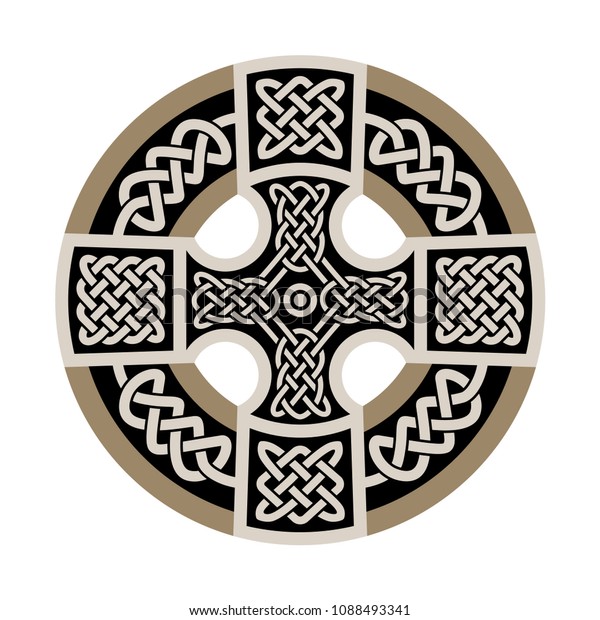 Celtic national ornament in the shape of a\
cross. White ornament on black\
background.