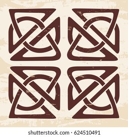 Celtic national ornament in the shape of a interlaced tape. Brown pattern on a beige background.
