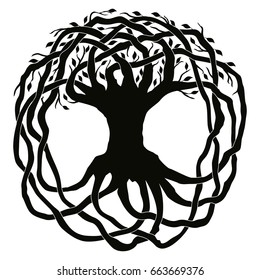 Celtic national ornament tree with leaves in the shape of a circle. Black ornament isolated on white background.