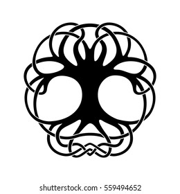 Celtic national ornament tree without leaves in the shape of a circle. Black ornament isolated on white background.