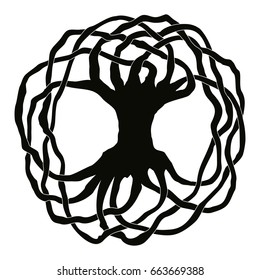 Celtic national ornament tree without leaves in the shape of a circle. Black ornament isolated on white background.