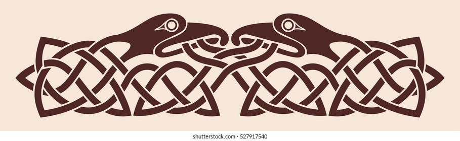 Celtic national ornament. Two birds looking at each other. Brown drawing on a beige background.